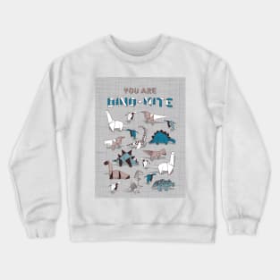 Origami dino friends // quote you're dino-mite // grey linen texture background blue white and beige dinosaurs Crewneck Sweatshirt